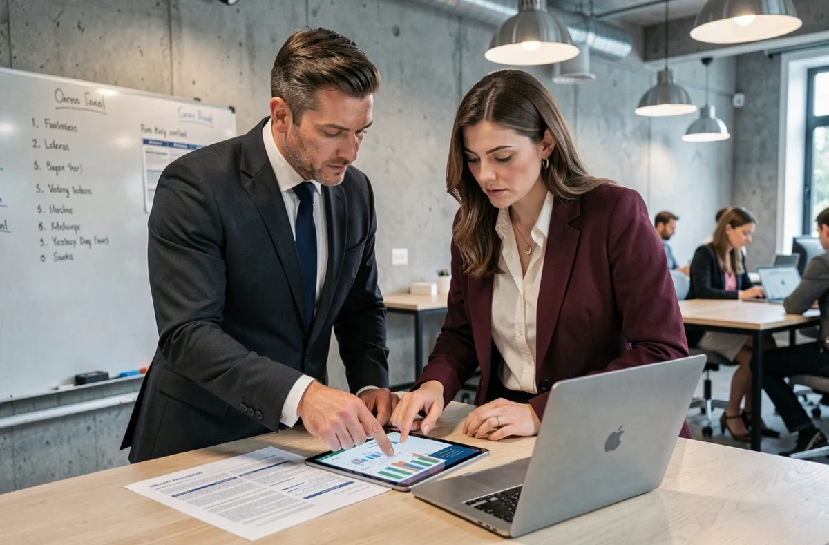 Deux professionnels analysant ensemble des données financières et juridiques pour vérifier la fiabilité d'une entreprise