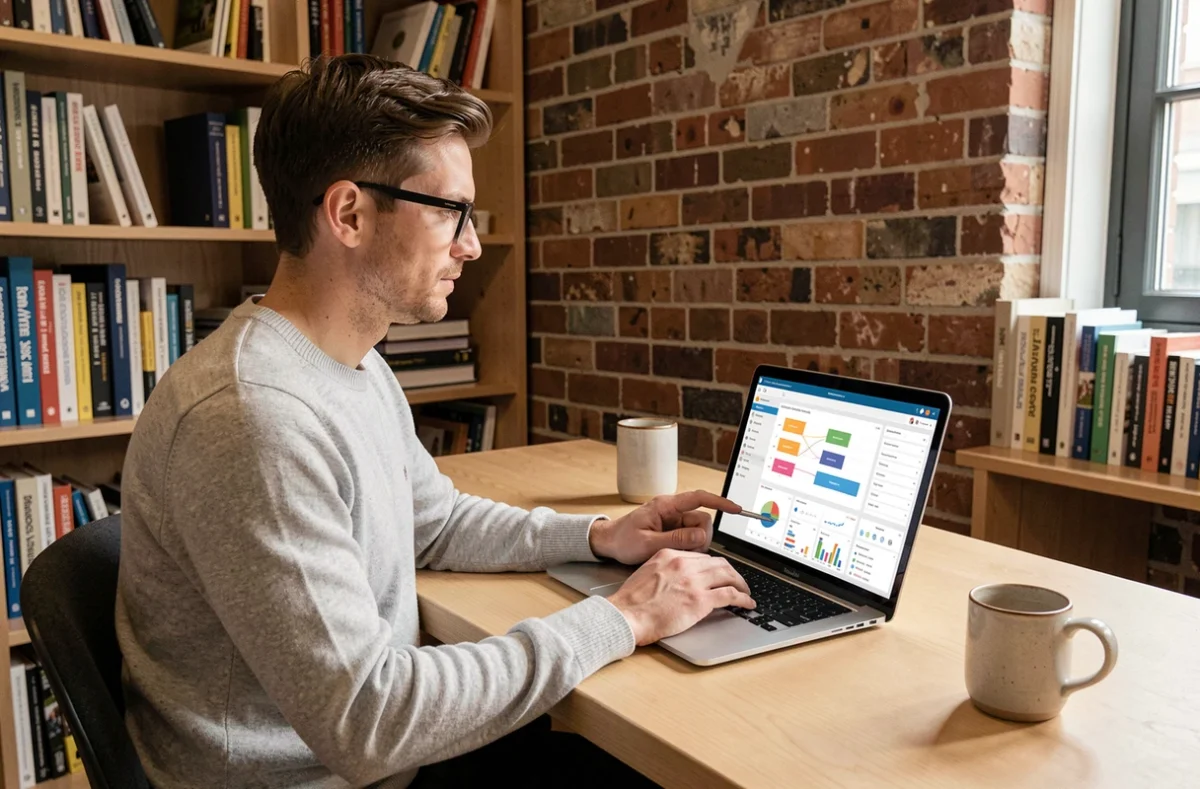 Jeune professionnel analysant les étapes attract, engage et delight de la méthodologie inbound sur un ordinateur portable dans un espace de co-working