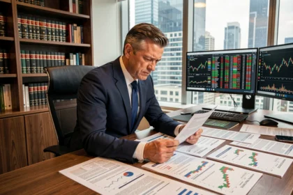 Analyste financier en costume marine étudiant des rapports sur les dividendes d'entreprises dans un bureau moderne avec vue sur la ville