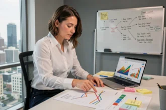 Femme analyste de données identifiant des tendances sur des graphiques imprimés dans un bureau moderne