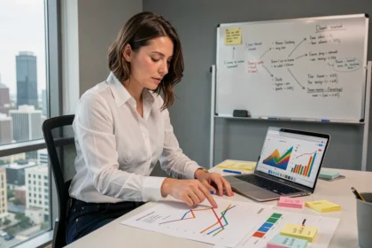 Femme analyste de données identifiant des tendances sur des graphiques imprimés dans un bureau moderne