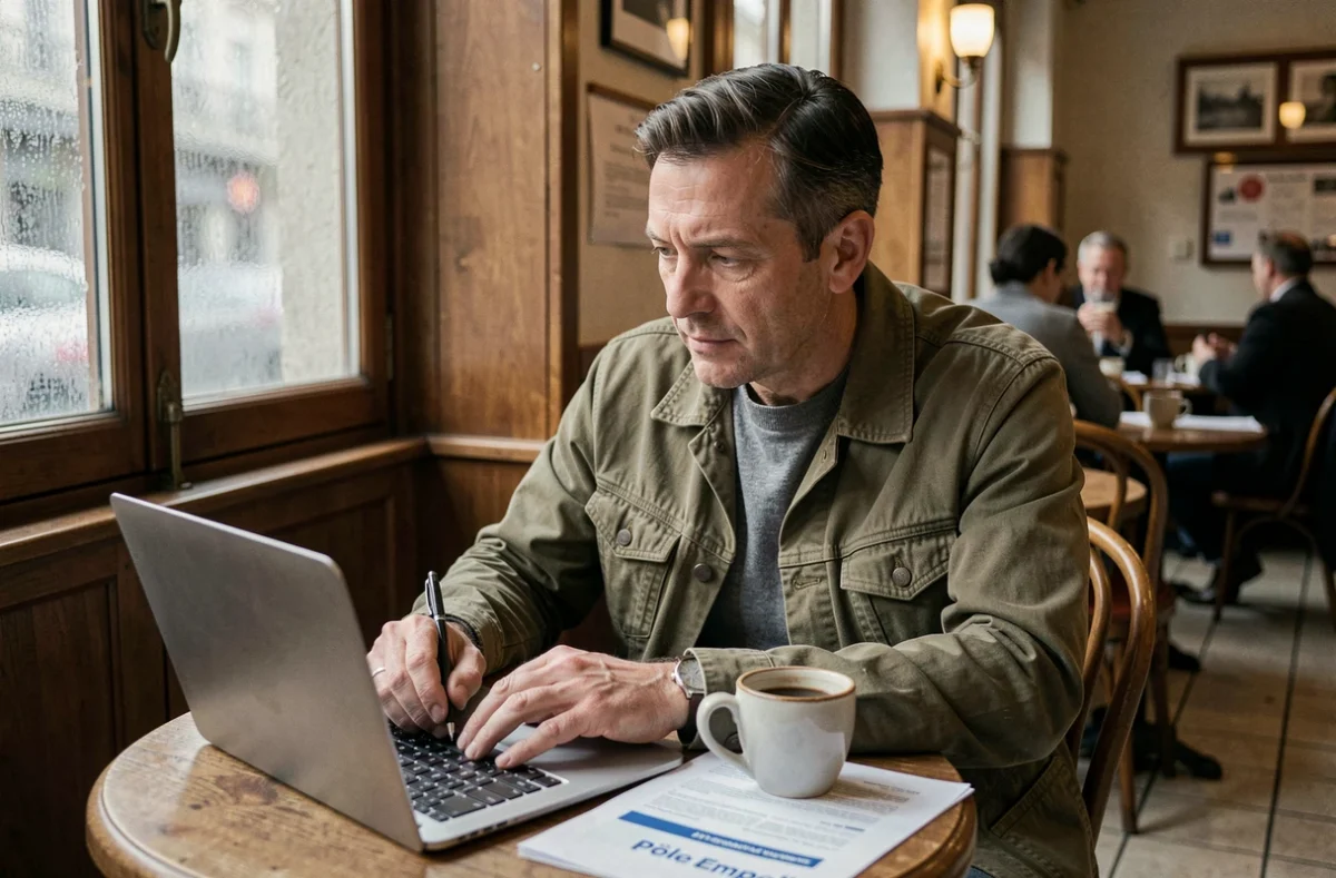 Artiste intermittent du spectacle gérant ses droits et démarches administratives dans un café