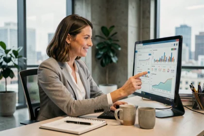 Femme professionnelle analysant les statistiques d'une campagne d'e-mail marketing sur un écran d'ordinateur dans un bureau moderne