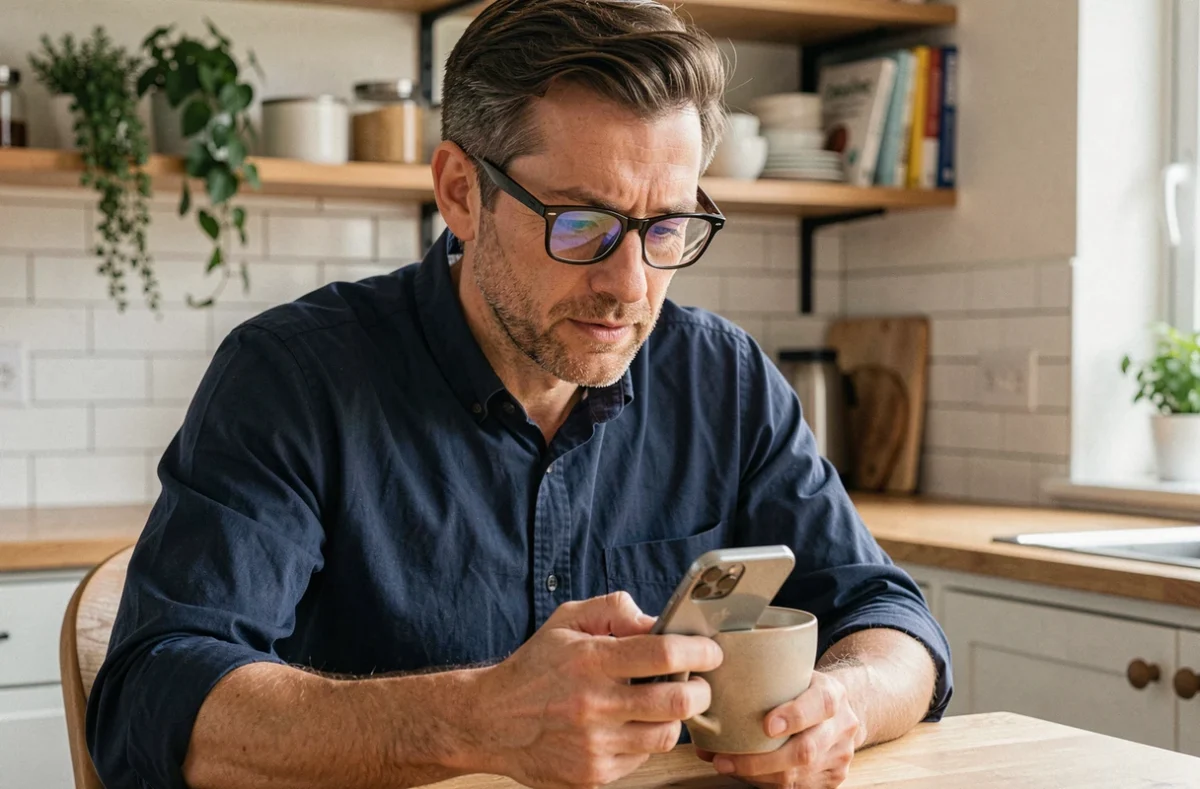 Homme lisant un e-mail marketing personnalisé sur son smartphone pendant sa pause café à domicile
