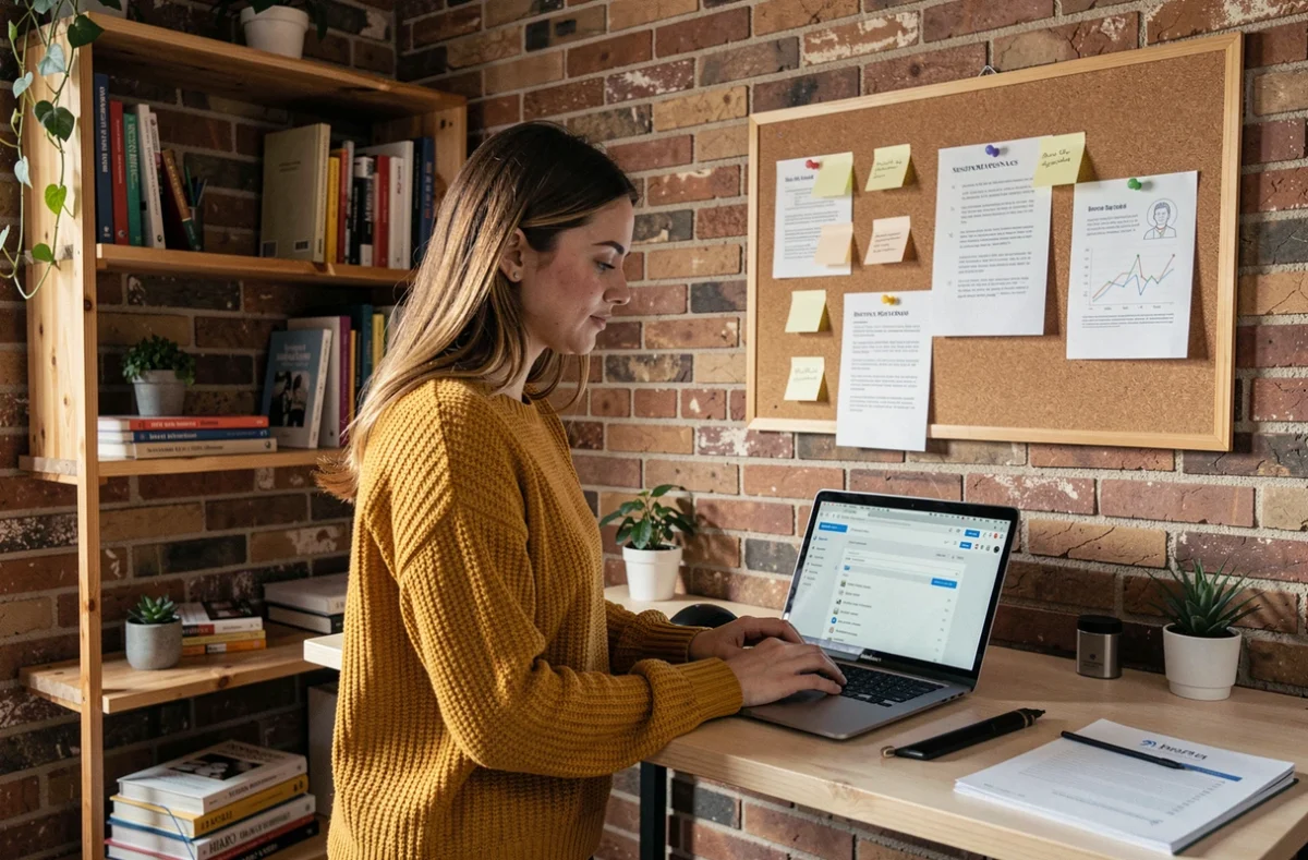 Jeune marketeuse gérant une campagne d'e-mail marketing depuis son studio créatif avec tableau de personas clients