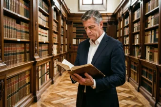 Avocat consultant un ancien ouvrage juridique dans une bibliothèque de tribunal historique