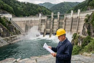 Ingénieur devant un grand barrage hydroélectrique produisant de l'électricité renouvelable