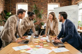 Équipe de professionnels en séance de brainstorming autour d'une table couverte de notes et de schémas dans un bureau moderne favorisant l'innovation collaborative