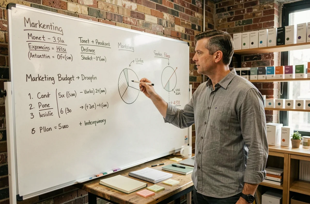 Chef d'entreprise présentant un plan de budget publicitaire sur un tableau blanc dans un espace de travail créatif