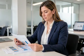 Femme professionnelle analysant un budget publicitaire avec des graphiques imprimés dans un bureau moderne