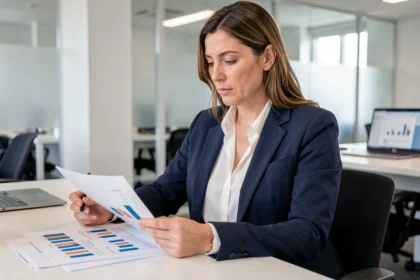Femme professionnelle analysant un budget publicitaire avec des graphiques imprimés dans un bureau moderne