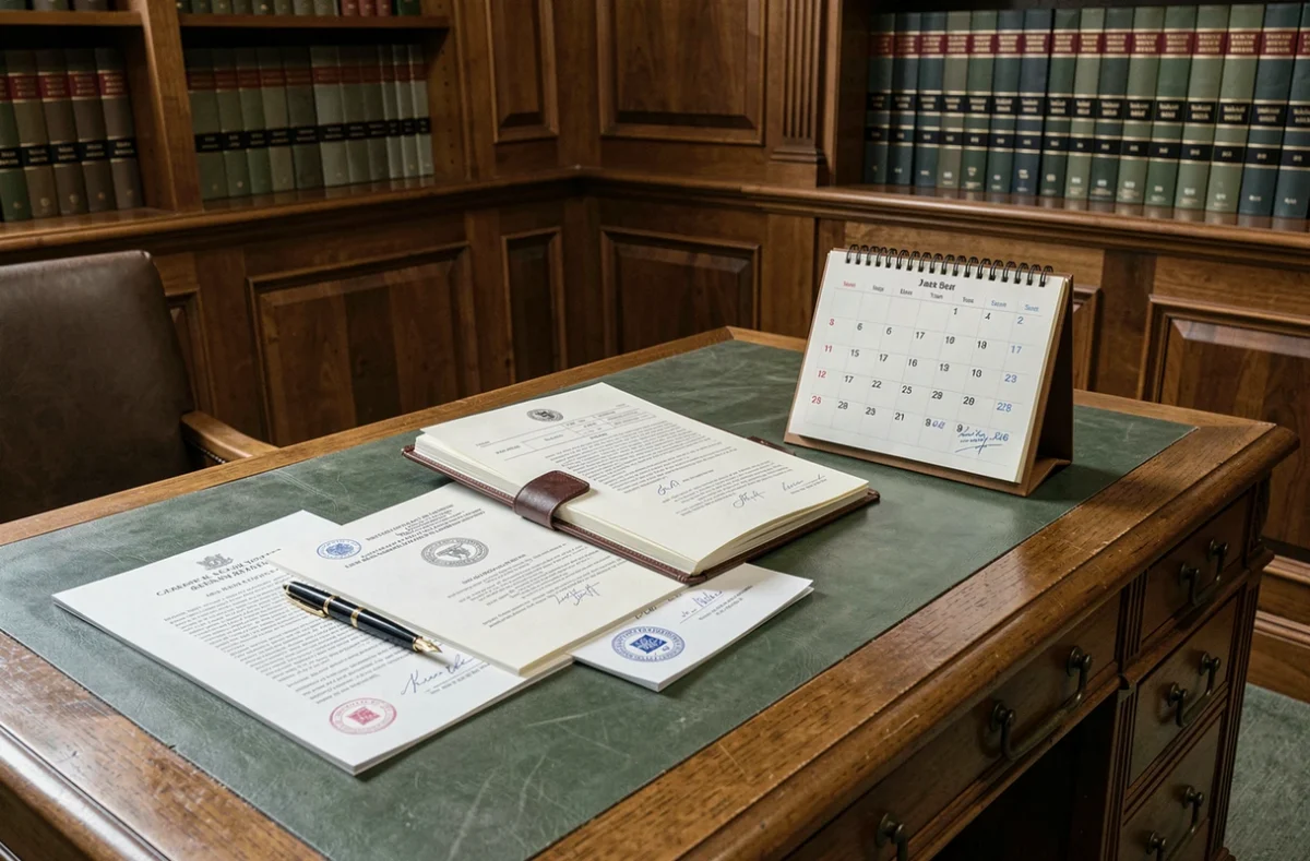 Bureau officiel avec documents et agenda symbolisant la durée d'un mandat de sept ans
