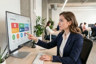 Femme en blazer pointant un écran affichant les principaux canaux de marketing digital dans un bureau moderne