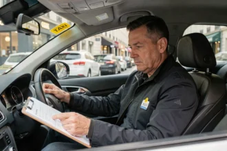 Chauffeur de taxi masculin en veste sombre consultant des documents administratifs assis dans son véhicule taxi à Paris