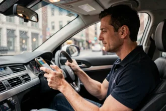 Chauffeur Uber au volant d'une voiture en ville, regardant son application de navigation sur smartphone, illustrant l'innovation disruptive dans le transport urbain