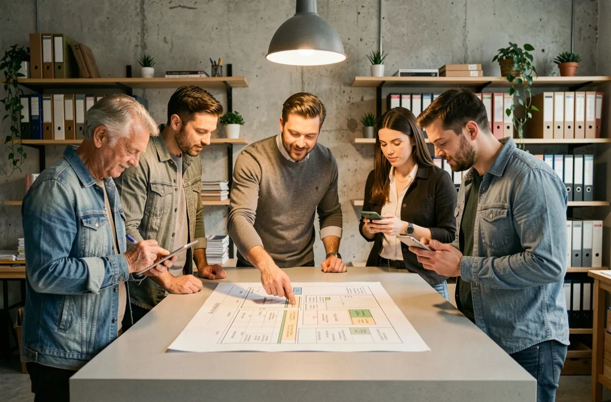 Groupe de collègues collaborant autour d'un plan de projet dans un studio de travail créatif