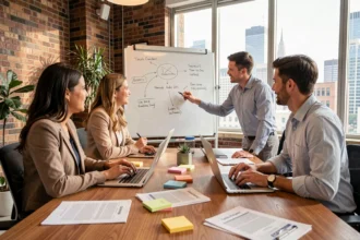 Équipe de professionnels collaborant autour d'une table de réunion dans un bureau moderne