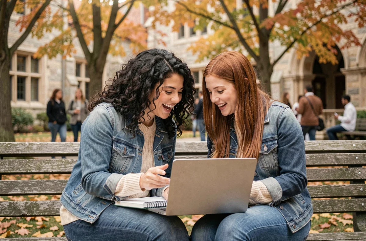 Deux jeunes femmes travaillant ensemble en collaboration dans une cour universitaire en automne