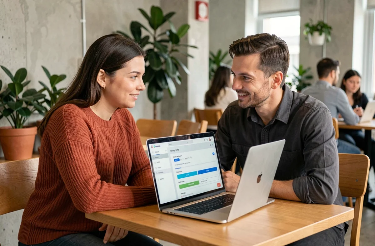 Deux professionnels collaborant sur un logiciel de marketing automation dans un espace de coworking moderne
