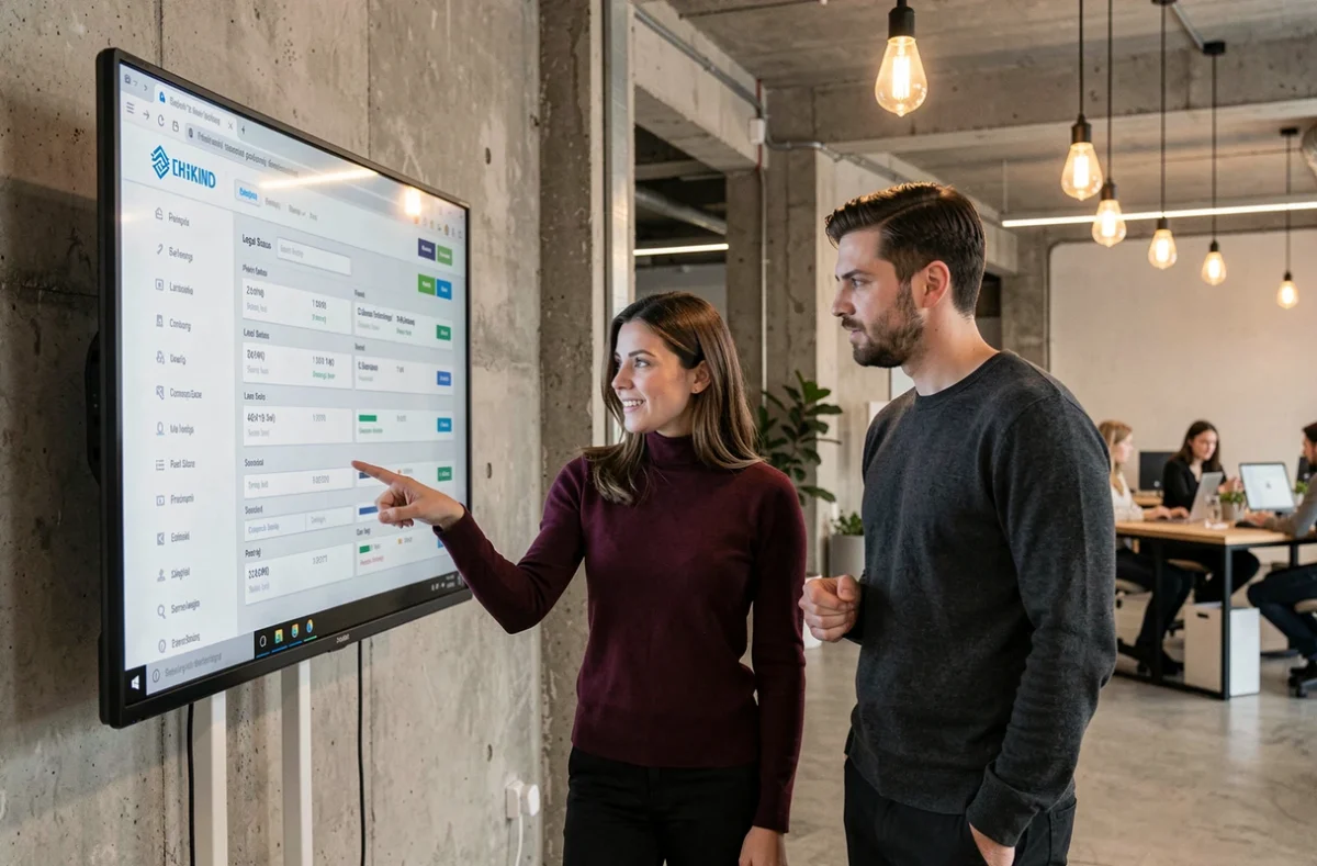 Deux collègues vérifiant les informations légales d'une entreprise sur un écran dans un espace de coworking
