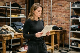 Comédienne intermittente du spectacle révisant son texte en coulisses d'un théâtre