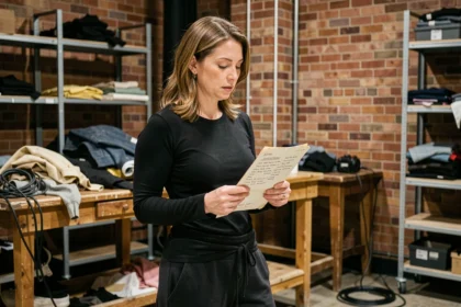 Comédienne intermittente du spectacle révisant son texte en coulisses d'un théâtre