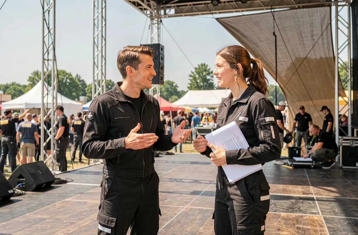 Deux comédiens intermittents discutant sur scène lors d'un festival de théâtre en plein air
