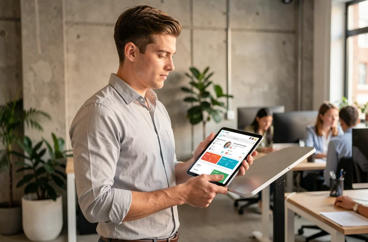 Un commercial consultant un logiciel CRM sur tablette dans un espace de travail moderne de type startup