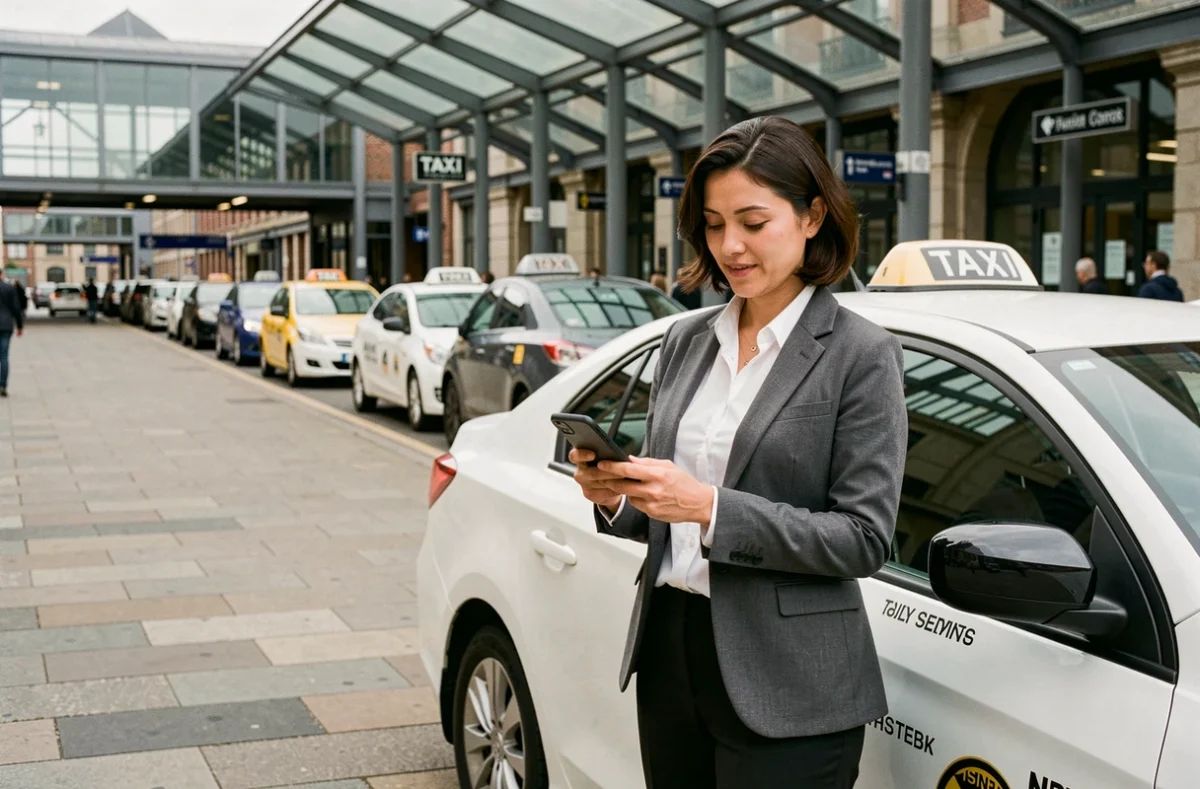 Conductrice de taxi professionnelle debout près de son véhicule blanc devant une gare consultant son smartphone sur une borne taxi