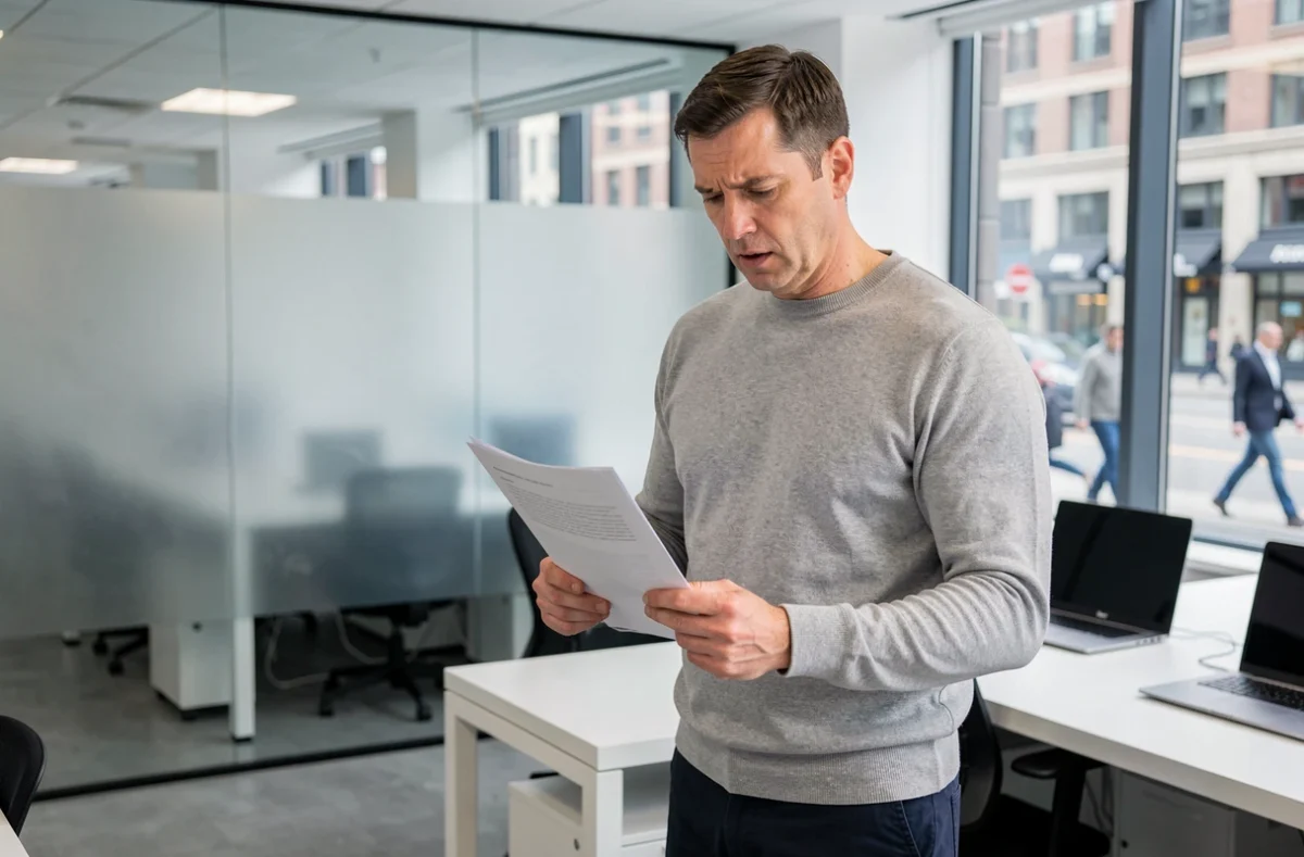 Homme en bureau consultant un document officiel relatif à la confidentialité de ses données d'entreprise sur un registre en ligne
