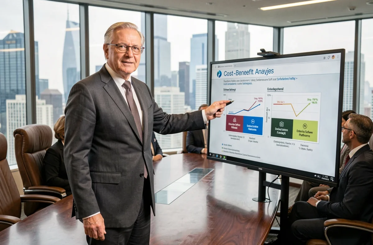 Consultant senior présentant une analyse coût-bénéfice entre Oracle et SAP à des dirigeants d'entreprise