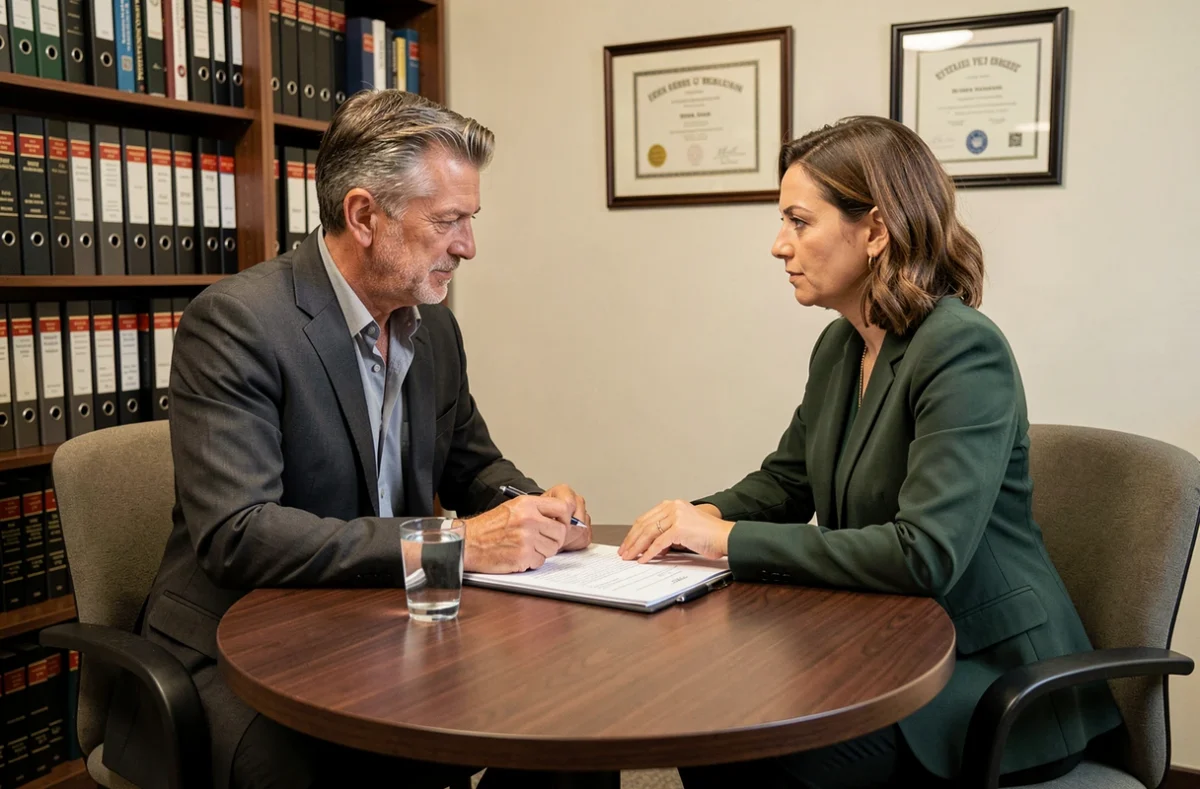 Réunion entre un particulier et un conseiller juridique pour discuter de la suppression de données personnelles sur Pappers ou un annuaire d'entreprises