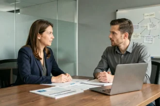 Réunion de consultation professionnelle entre un conseiller et un client autour d'une table de bureau moderne avec des documents