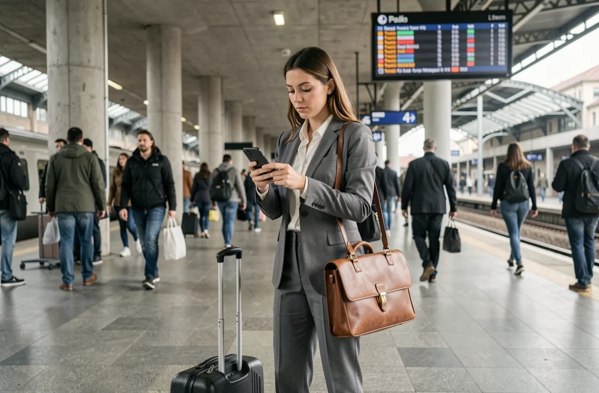 Une professionnelle vérifie son billet numérique sur le quai d'une gare lors d'un déplacement professionnel