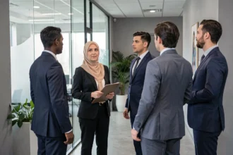 Femme portant le hijab exclue d'une conversation professionnelle dans un bureau moderne, illustrant la discrimination directe en milieu de travail