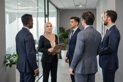 Femme portant le hijab exclue d'une conversation professionnelle dans un bureau moderne, illustrant la discrimination directe en milieu de travail