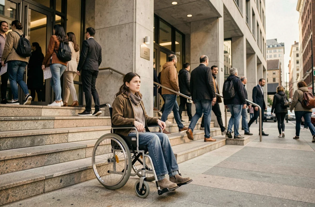 Femme en fauteuil roulant face à un escalier sans rampe devant un bâtiment public, illustrant la discrimination systémique liée au handicap