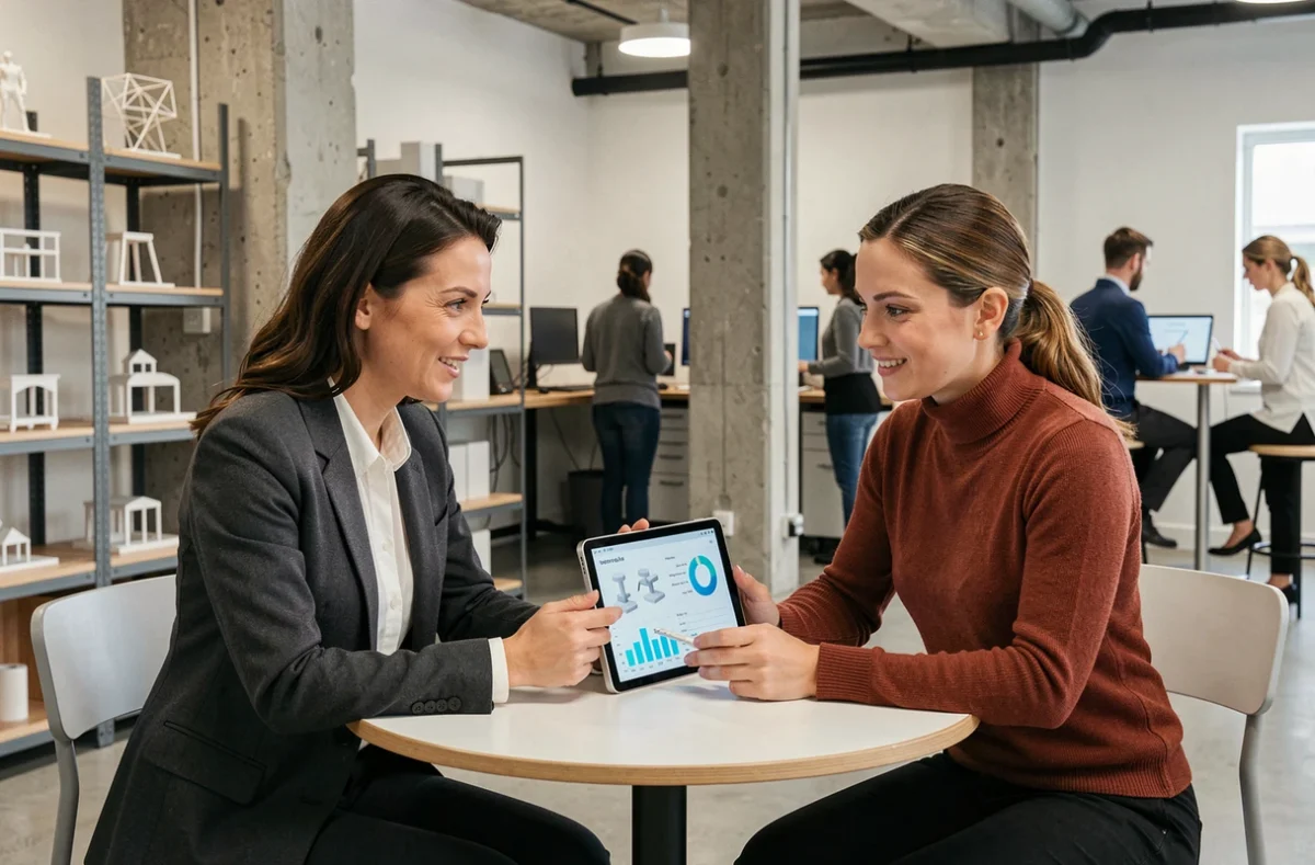 Deux professionnelles échangeant sur des projets d'innovation autour d'une tablette dans un laboratoire d'entreprise moderne favorisant la créativité