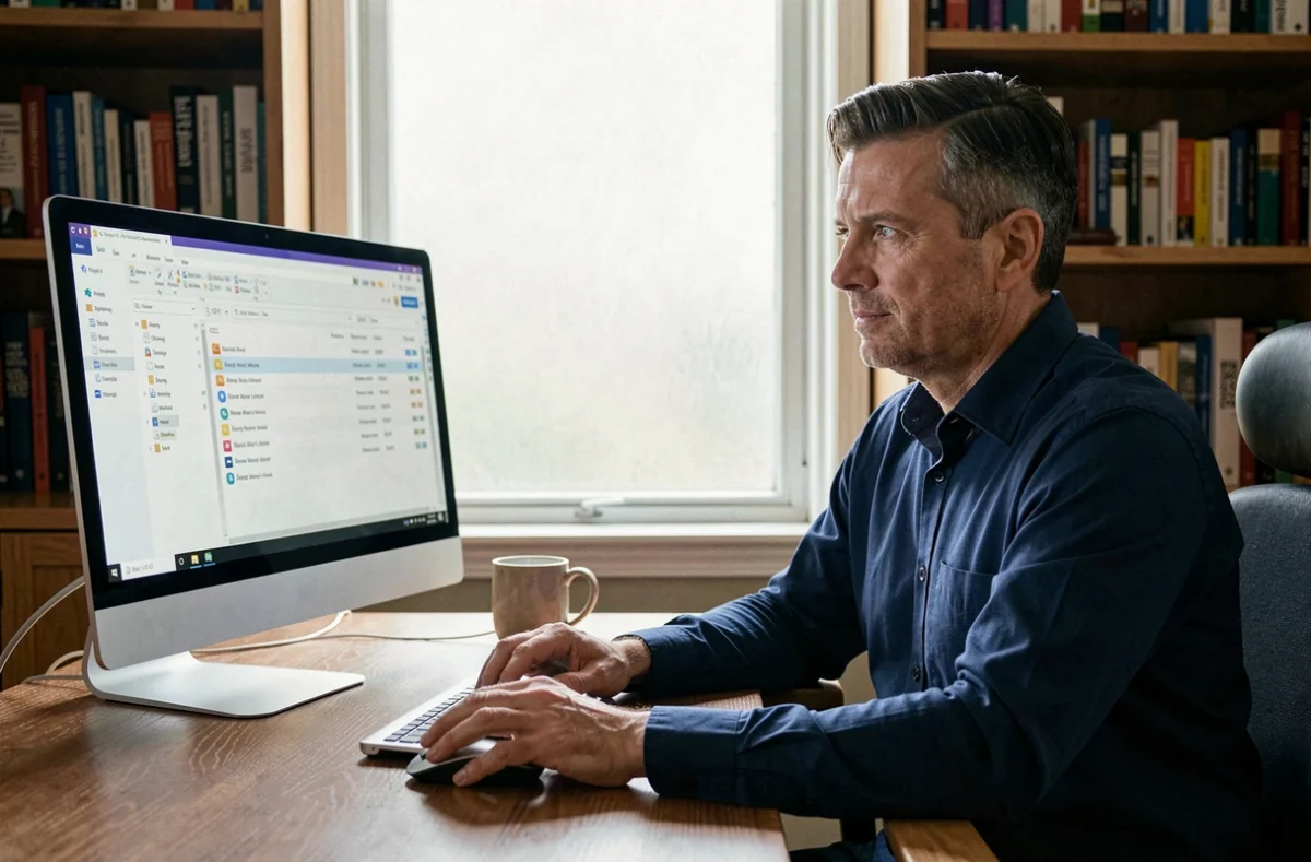 Homme en télétravail utilisant les champs CC et BCC pour envoyer un email à plusieurs personnes simultanément