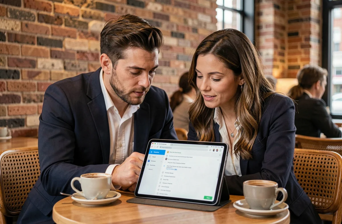 Deux collègues consultant un brouillon d'email groupé sur une tablette dans un café, illustrant l'envoi d'un message à plusieurs personnes