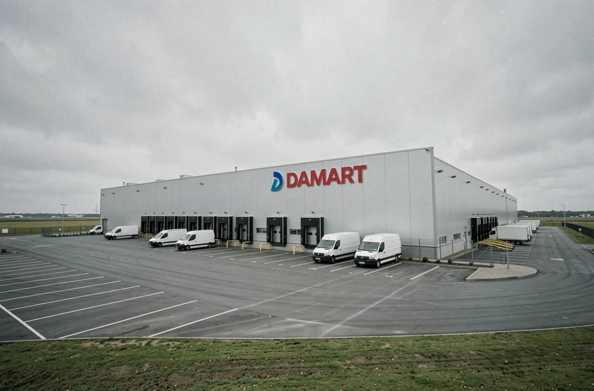Entrepôt logistique Damart dans le nord de la France sous un ciel nuageux