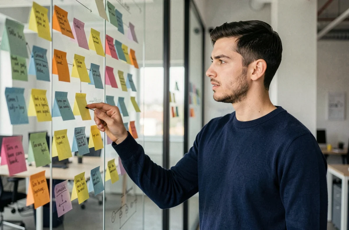 Jeune entrepreneur présentant une carte mentale d'innovation sur une vitre recouverte de post-it colorés dans un espace de travail moderne et épuré