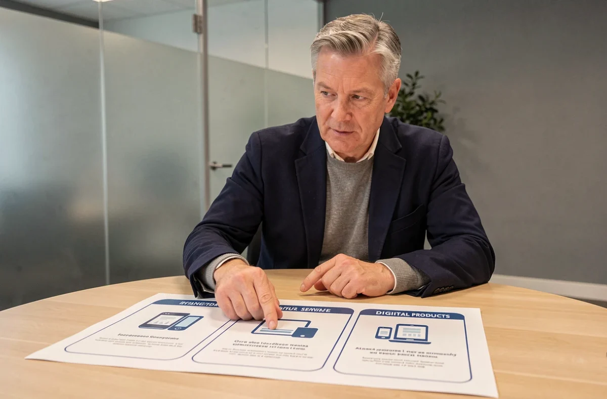 Entrepreneur masculin expliquant les trois types de produits à partir d'un document imprimé lors d'une réunion professionnelle