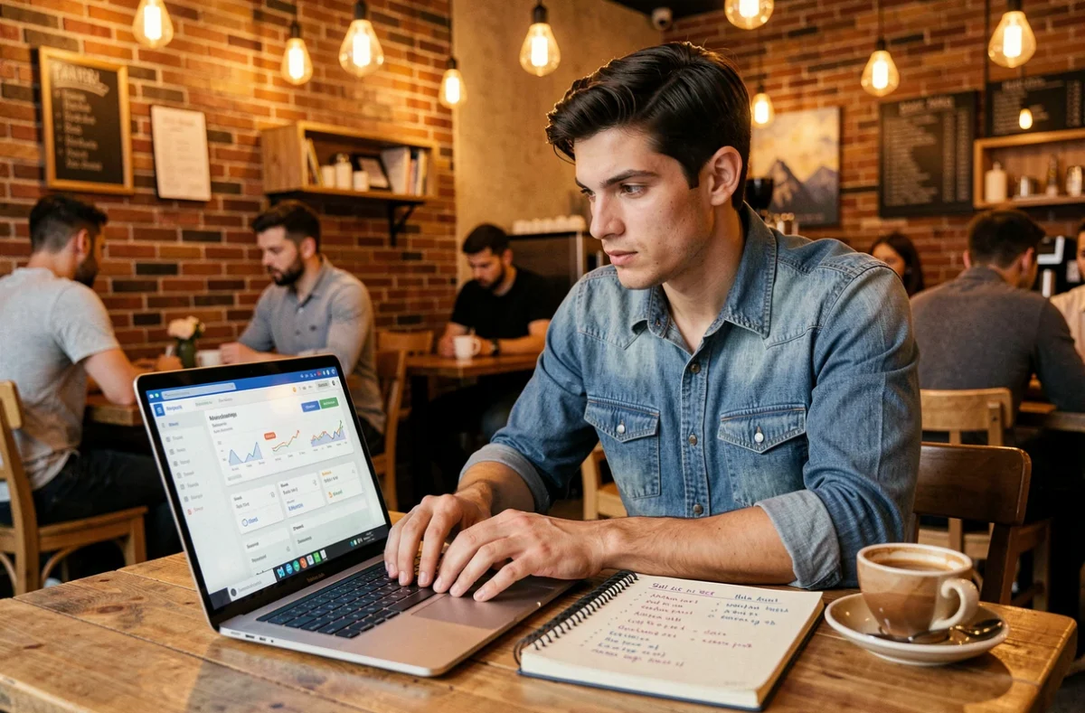 Entrepreneur travaillant sur sa stratégie de vente avec un CRM et un carnet dans un café