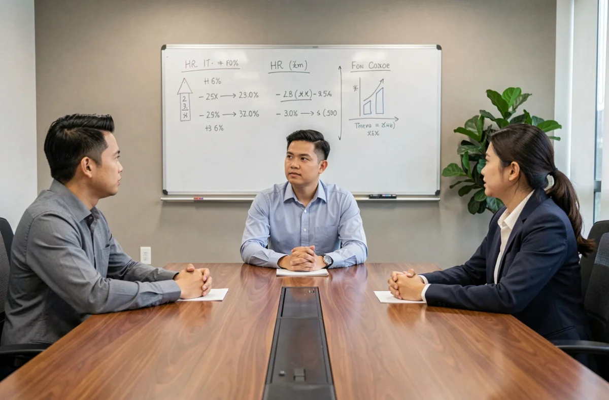Entretien d'embauche RH dans une salle de réunion d'entreprise philippine avec un panel de recruteurs