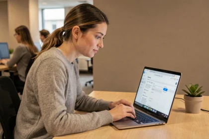 Femme professionnelle composant un email à plusieurs destinataires sur un ordinateur portable dans un bureau moderne
