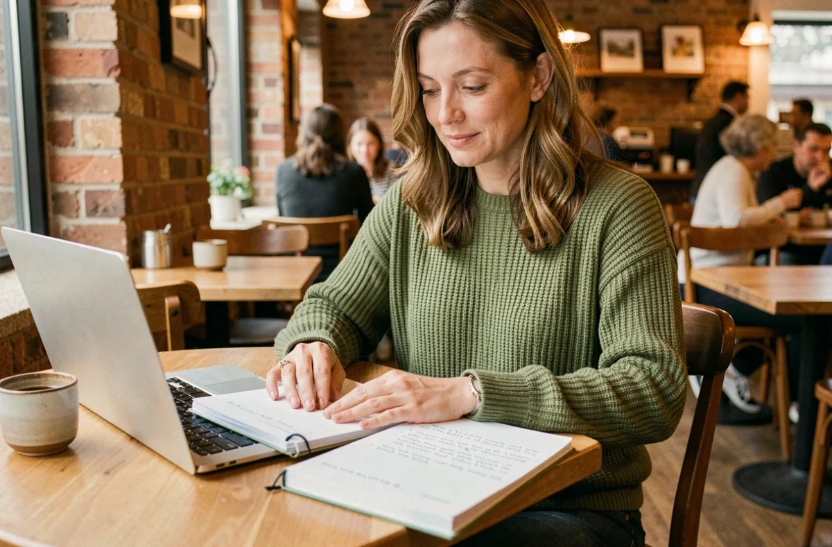 Femme dans un café avec deux carnets séparés pour le travail et la vie personnelle, illustrant l'organisation et l'équilibre entre sphères privée et professionnelle