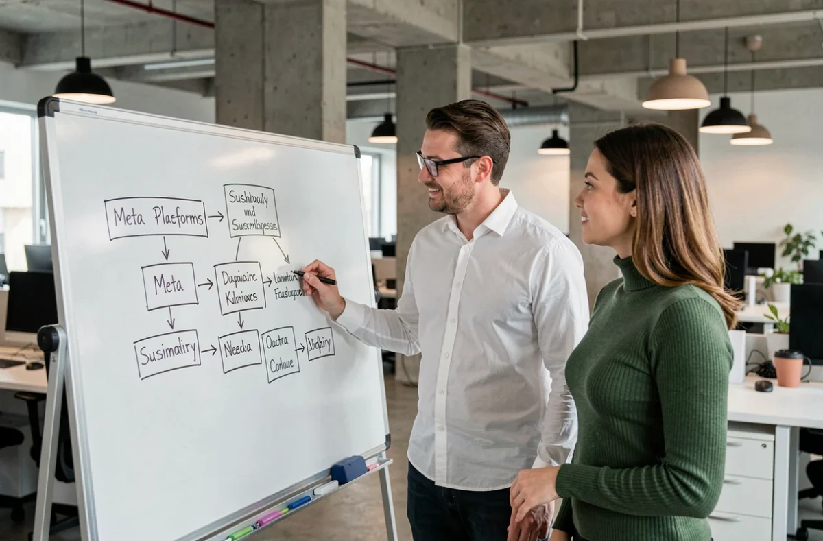 Trois professionnels analysant un schéma de structure de propriété d'entreprise sur un tableau blanc, représentant l'organisation de Meta, propriétaire de Facebook et WhatsApp