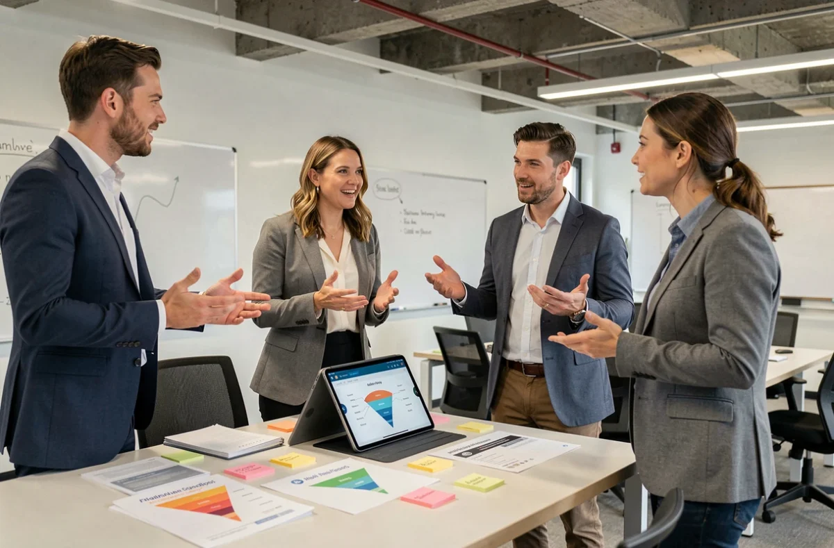 Une équipe commerciale en réunion debout discutant de la stratégie CRM et des besoins en logiciel de vente