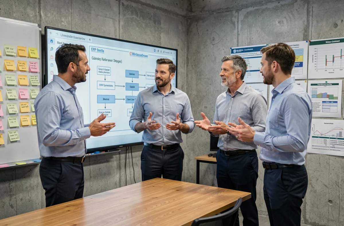Équipe informatique comparant les solutions ERP Oracle et SAP lors d'une réunion technique